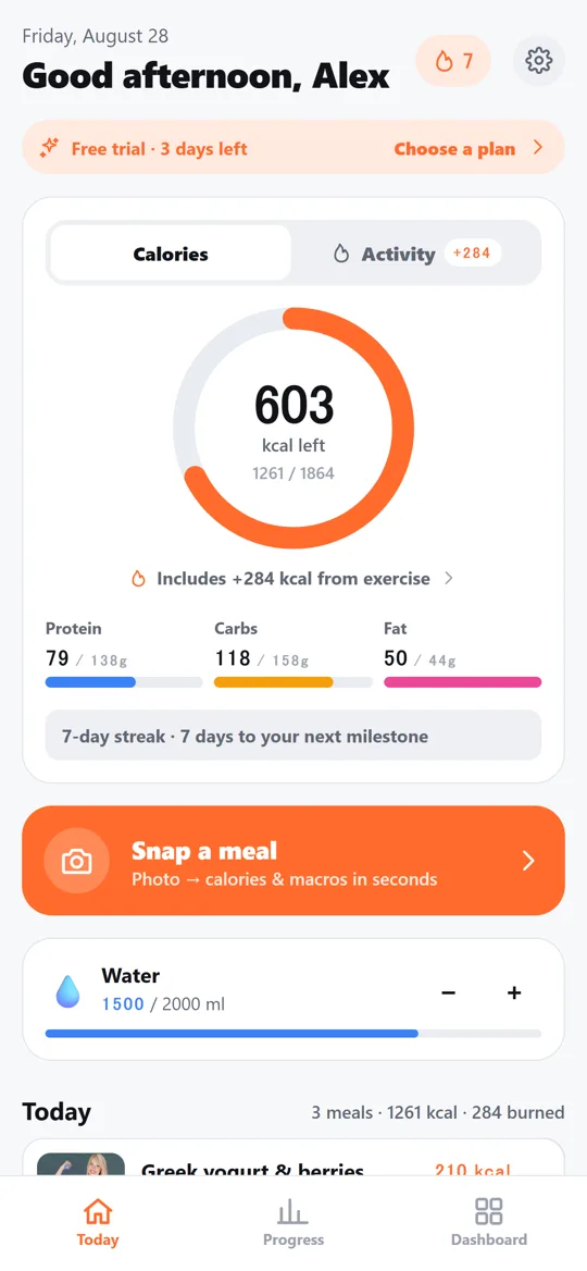 TrimByte home screen showing today’s calories, macros and logged meals